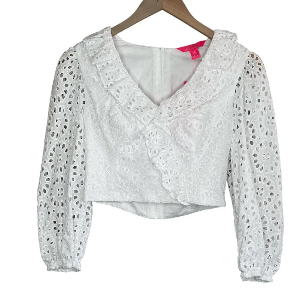 Lilly Pulitzer Roca Resort White Eyelet Lace Long Sleeve Cropped Top 0